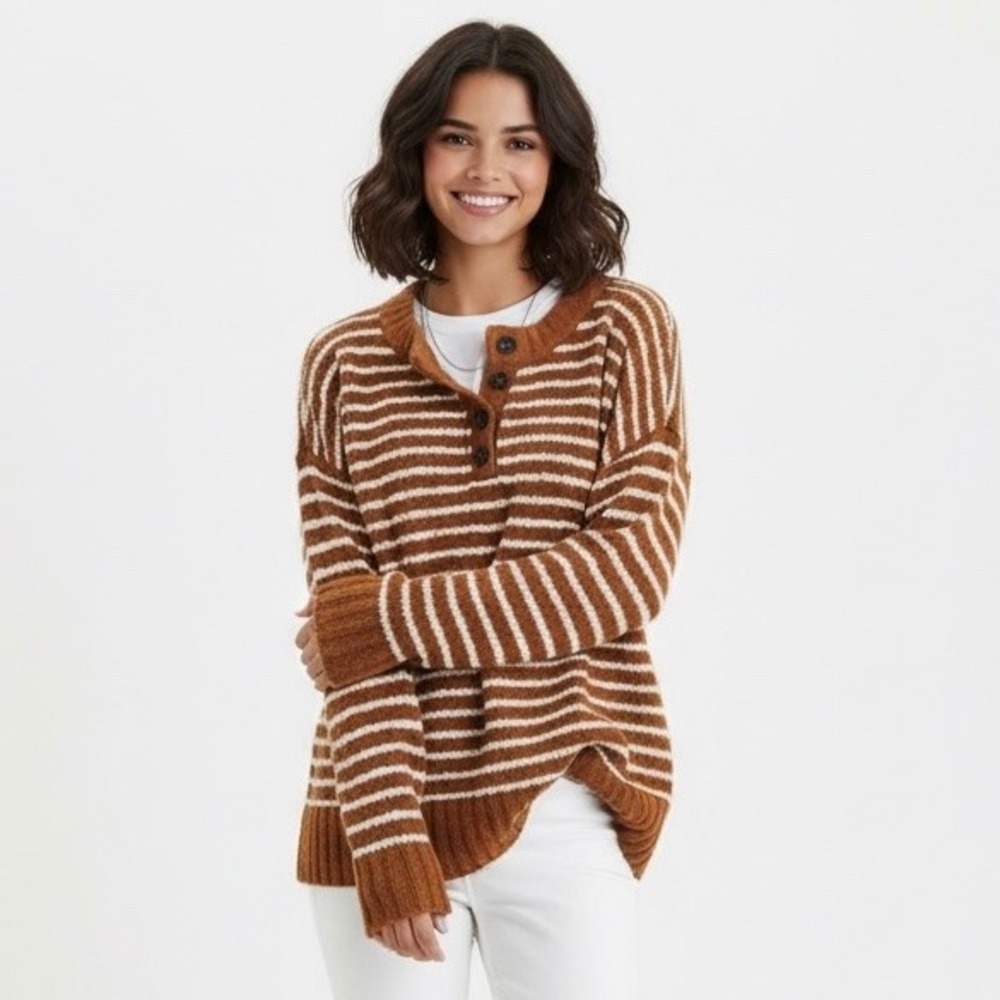 American Eagle Stripe Sweater Women XL Orange Rust White‎ Jegging Fit Oversize